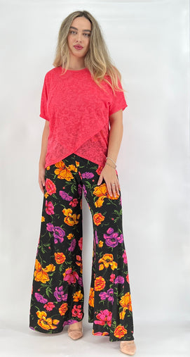 Fusta pantalon Luana P041 lycra negru mat imprimat flori colorate